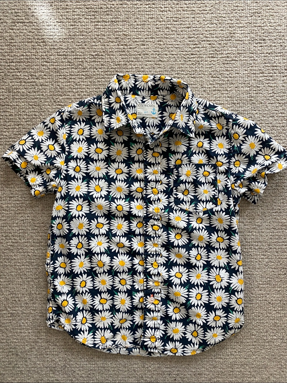 Crewcuts Navy Daisy Print Short Sleeve Button-Down Shirt.  boys 6-7